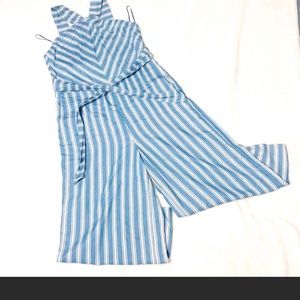 Blue and white striped jumpsuit.